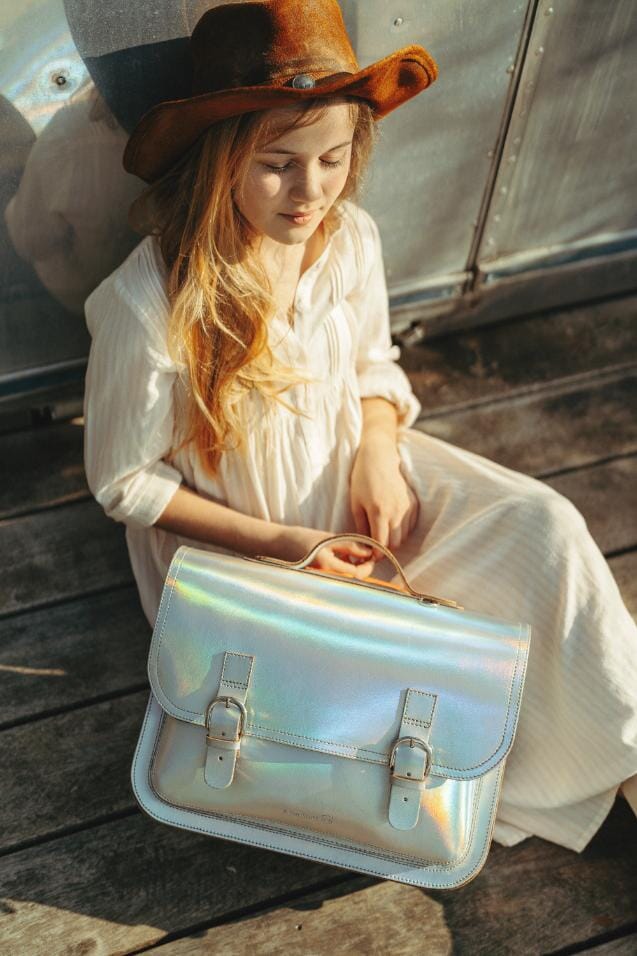 Lederen schooltas met gespen - Silver